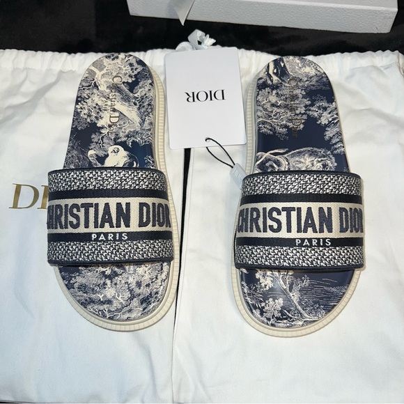 CHRISTIAN DIOR Dway Slides Blue Toile de Jouy Embroidered size 37 - Picture 7 of 13